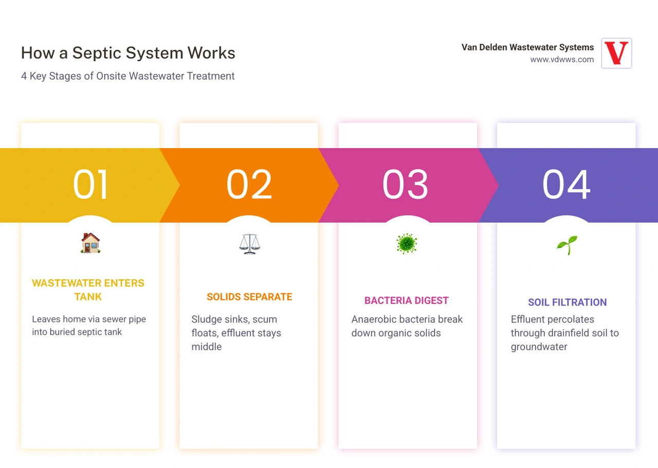 Infographic showing the four-stage wastewater treatment cycle: home pipe to septic tank to drainfield to soil filtration and Infographic showing the four-stage wastewater treatment cycle: home pipe to septic tank to drainfield to soil filtration and