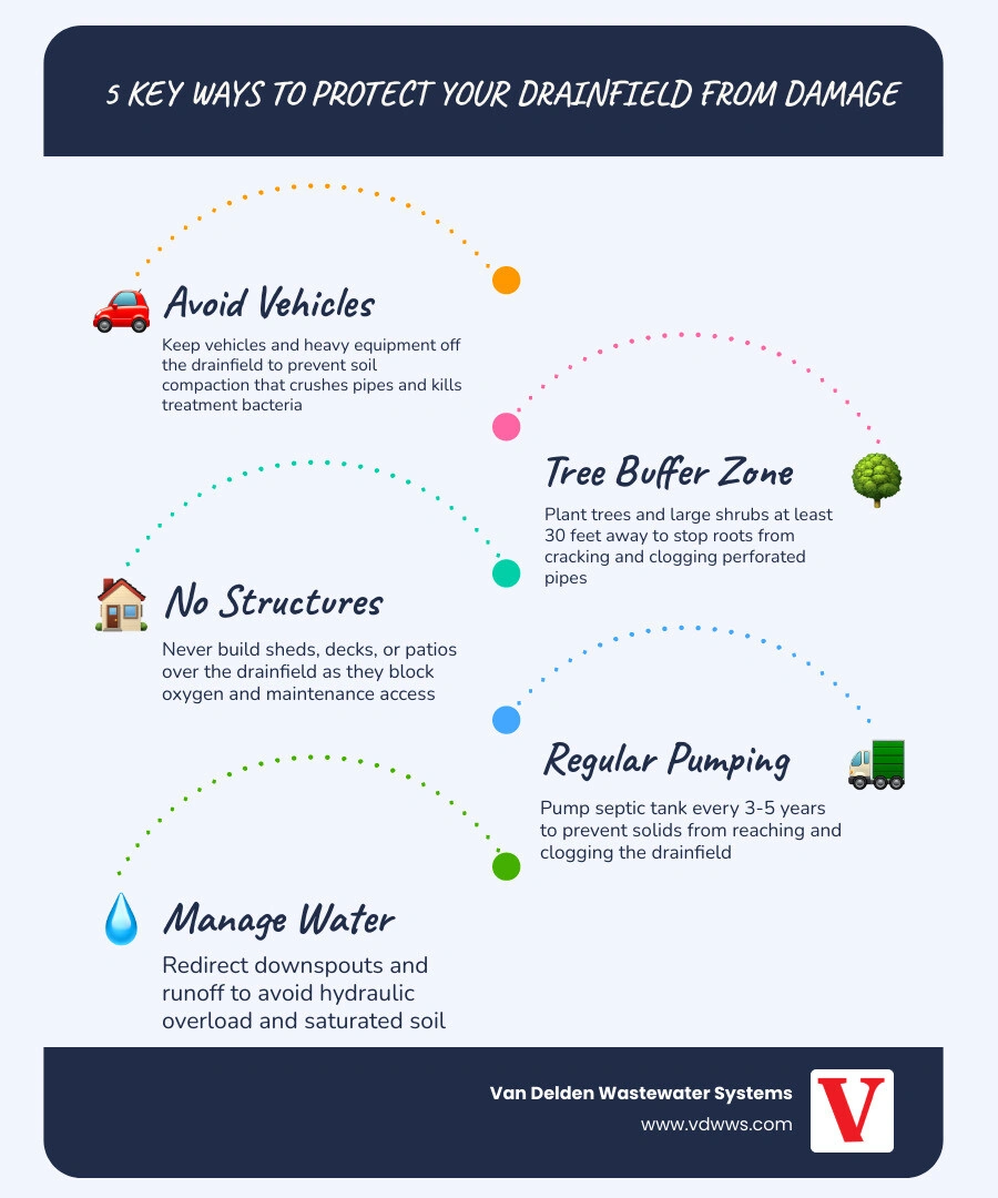 infographic showing how to protect a septic drainfield from damage with key tips - how to protect your drainfield from