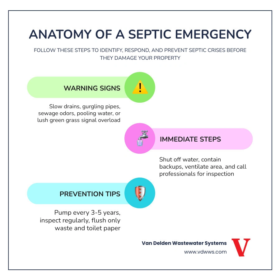 Infographic showing anatomy of a septic emergency: warning signs, common causes, immediate steps, and prevention tips - how
