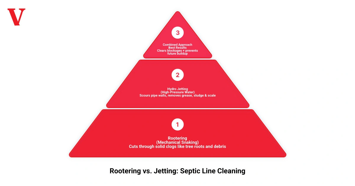 Infographic comparing rootering vs hydro jetting for septic lines: method, tools, best use cases, and results infographic