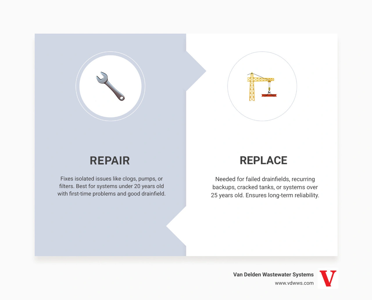 Repair vs replace septic system decision guide with warning signs, age thresholds, and key rules infographic Repair vs replace septic system decision guide with warning signs, age thresholds, and key rules infographic