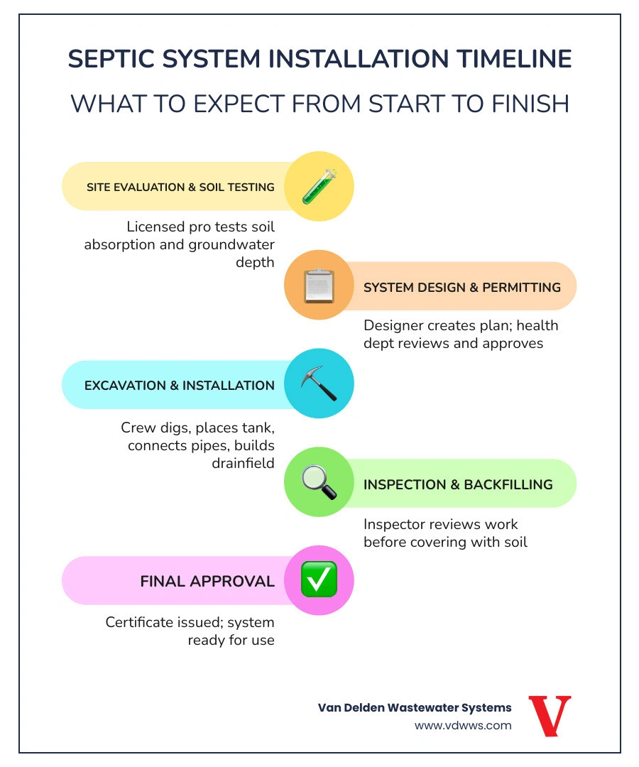Septic system installation timeline infographic from soil testing to final approval infographic Septic system installation timeline infographic from soil testing to final approval infographic