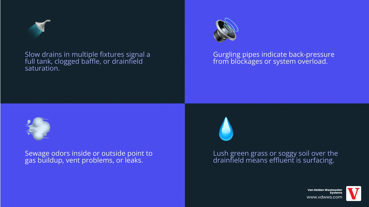 Infographic showing 6 septic system warning signs and recommended actions for each infographic Infographic showing 6 septic system warning signs and recommended actions for each infographic