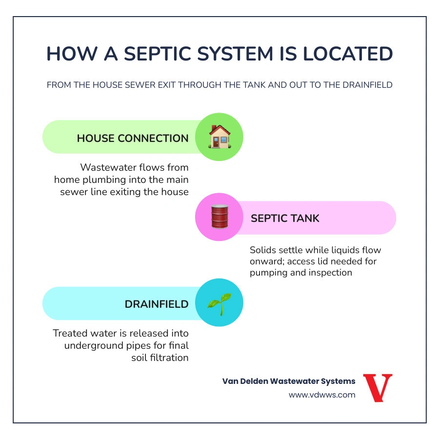 Infographic showing how a septic system is located from house sewer exit to tank to drainfield with key facts infographic Infographic showing how a septic system is located from house sewer exit to tank to drainfield with key facts infographic