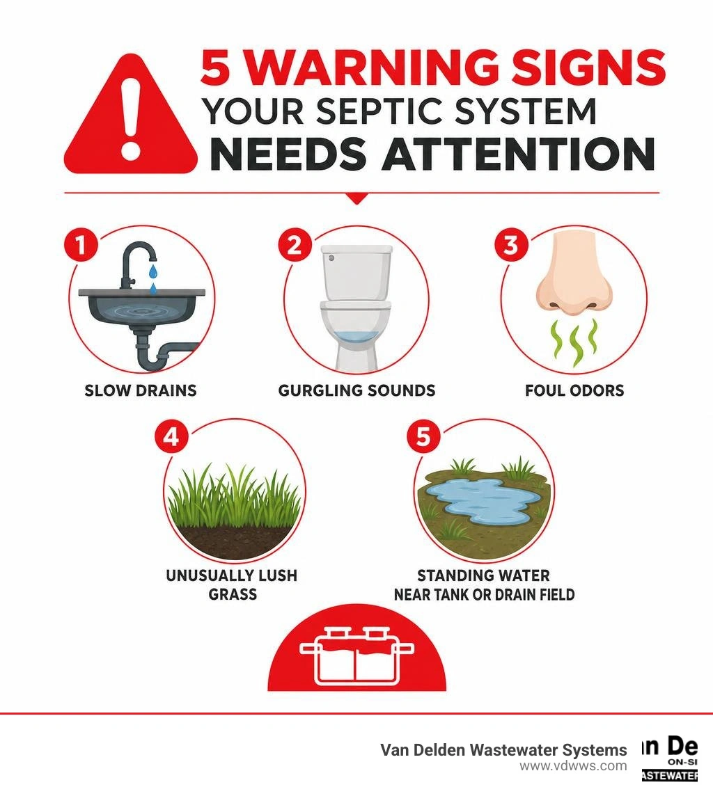 Infographic showing 5 warning signs of septic system failure with icons for slow drains, odors, lush grass, standing water Infographic showing 5 warning signs of septic system failure with icons for slow drains, odors, lush grass, standing water
