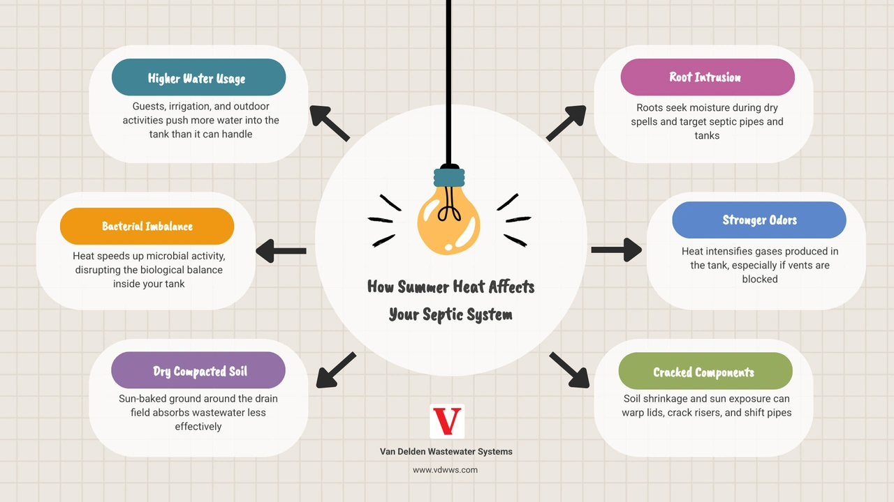 Infographic showing how summer heat affects your septic system including bacteria, soil, water usage, roots, and odors Infographic showing how summer heat affects your septic system including bacteria, soil, water usage, roots, and odors