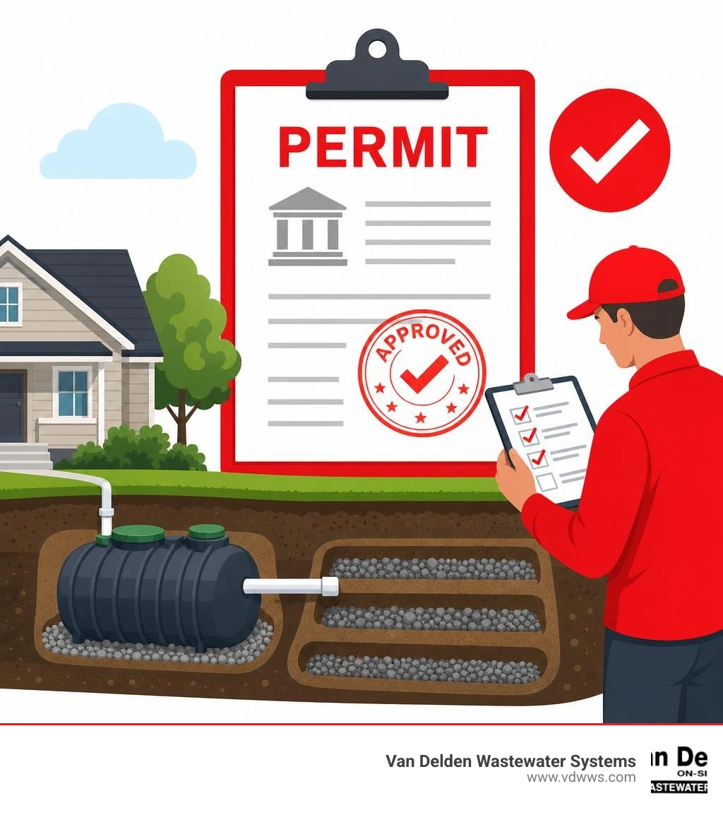 Septic permit paperwork on a desk with site plan and pen Septic permit paperwork on a desk with site plan and pen