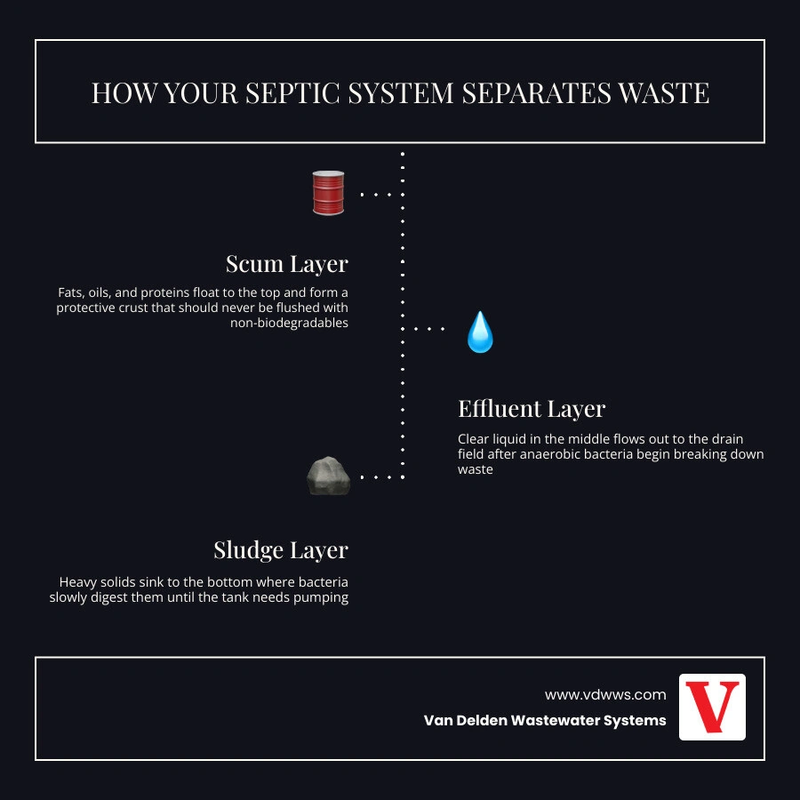 Infographic showing septic system three-layer separation: scum layer on top, liquid effluent in the middle, sludge at the