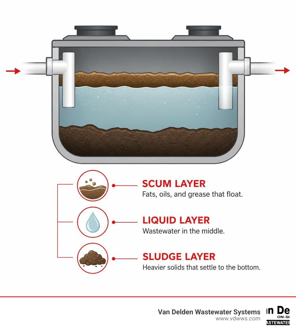 cross-section diagram of a septic tank showing inlet, outlet, and the three layers of waste