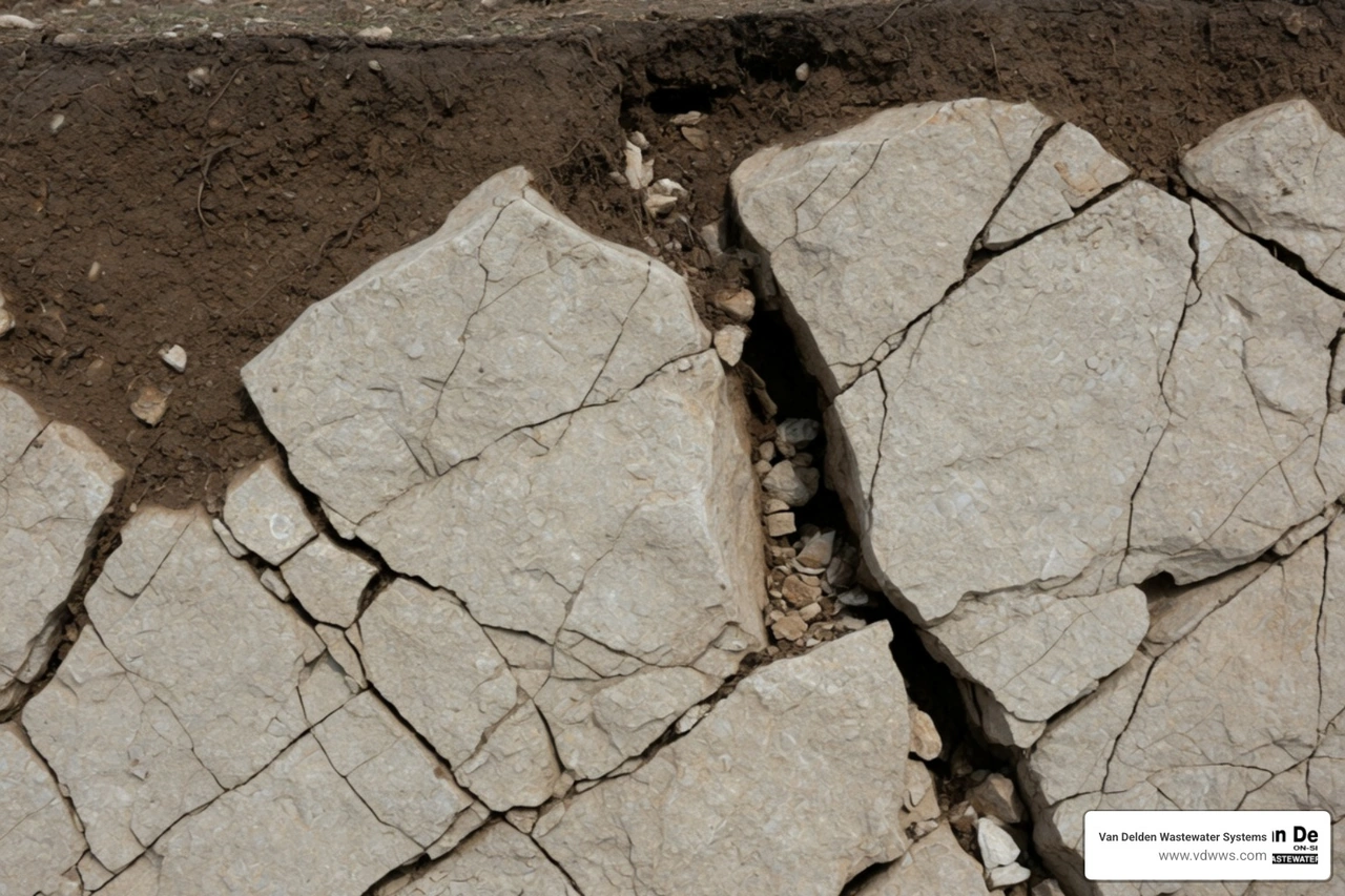 A close-up view of fractured limestone bedrock showing cracks and fissures beneath a thin layer of topsoil
