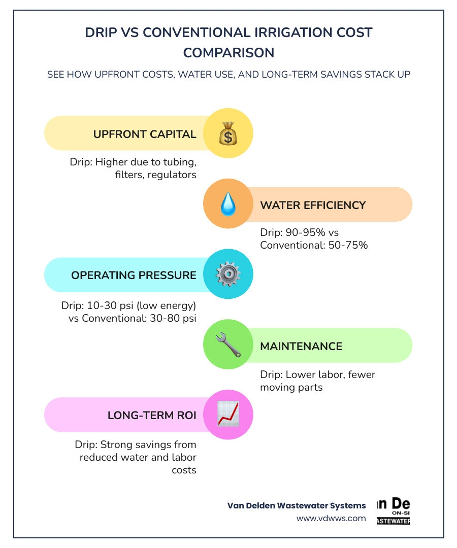 Drip vs conventional irrigation cost comparison infographic showing efficiency, water use, and cost factors infographic Drip vs conventional irrigation cost comparison infographic showing efficiency, water use, and cost factors infographic