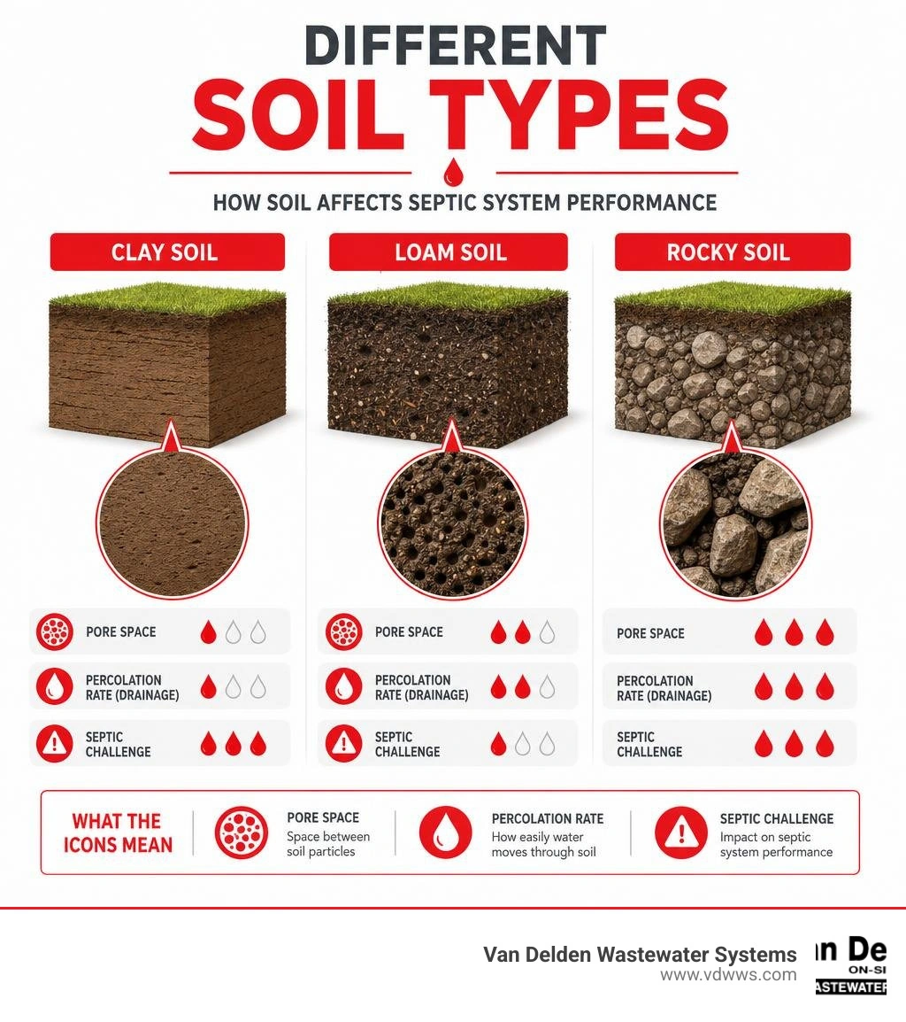 Infographic showing how clay soil, rocky soil, and loam soil differ in pore space, percolation rate, and septic system Infographic showing how clay soil, rocky soil, and loam soil differ in pore space, percolation rate, and septic system