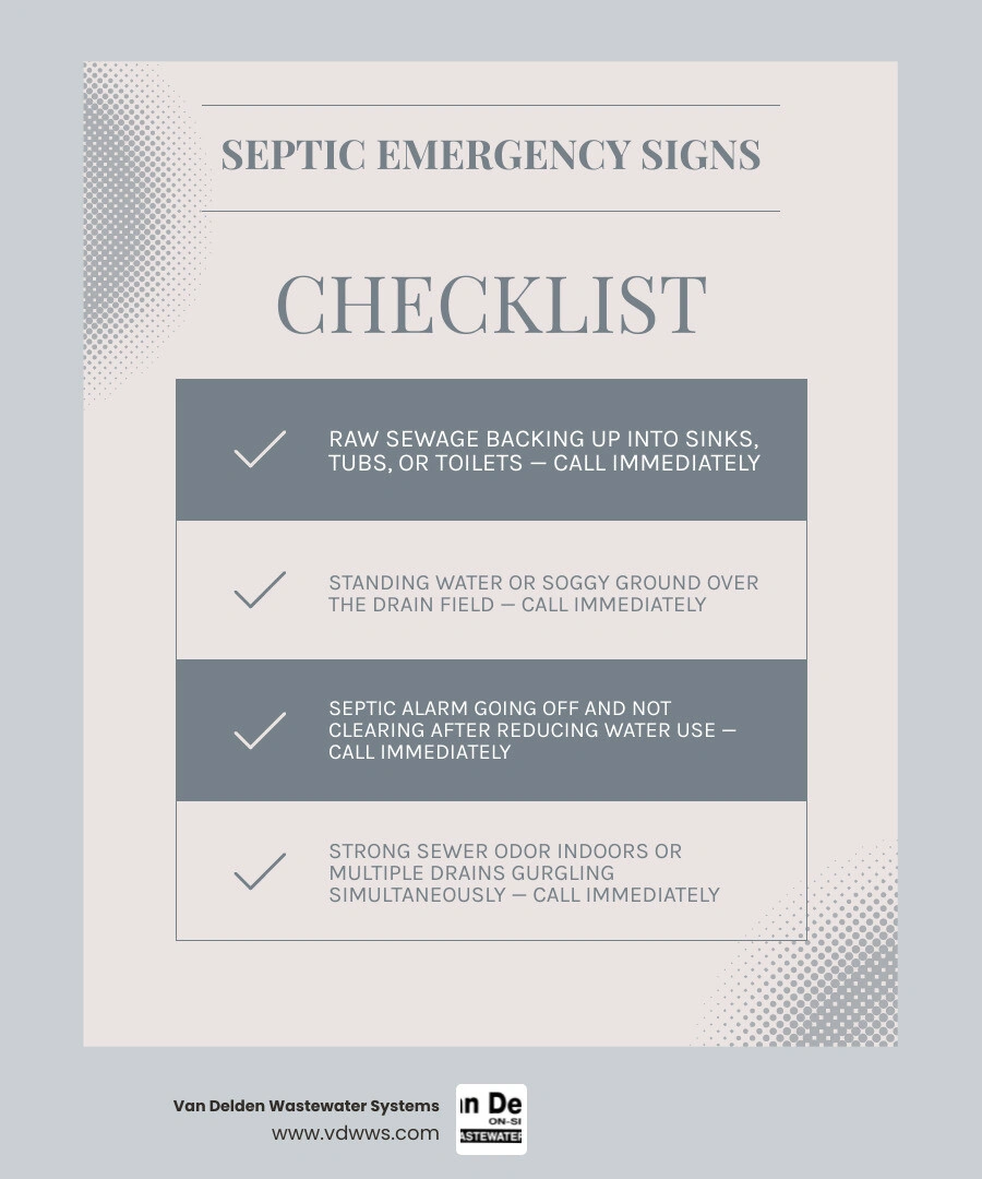 Infographic showing 5 true septic emergency indicators vs minor issues with immediate action steps infographic Infographic showing 5 true septic emergency indicators vs minor issues with immediate action steps infographic
