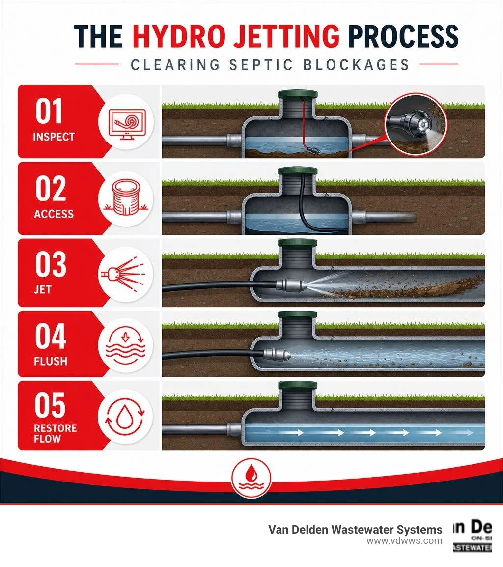 Infographic showing 5-step hydro jetting process for septic systems from inspection to flow restoration Infographic showing 5-step hydro jetting process for septic systems from inspection to flow restoration