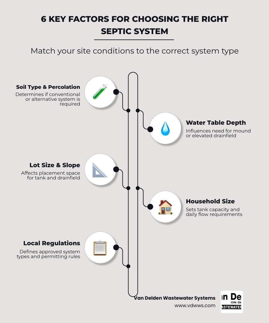 Infographic showing 6 key factors for choosing the right septic system and which system types they point to infographic Infographic showing 6 key factors for choosing the right septic system and which system types they point to infographic
