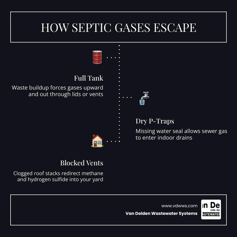 Infographic showing how septic gases escape through full tanks, dry traps, blocked vents, and cracked lids infographic Infographic showing how septic gases escape through full tanks, dry traps, blocked vents, and cracked lids infographic