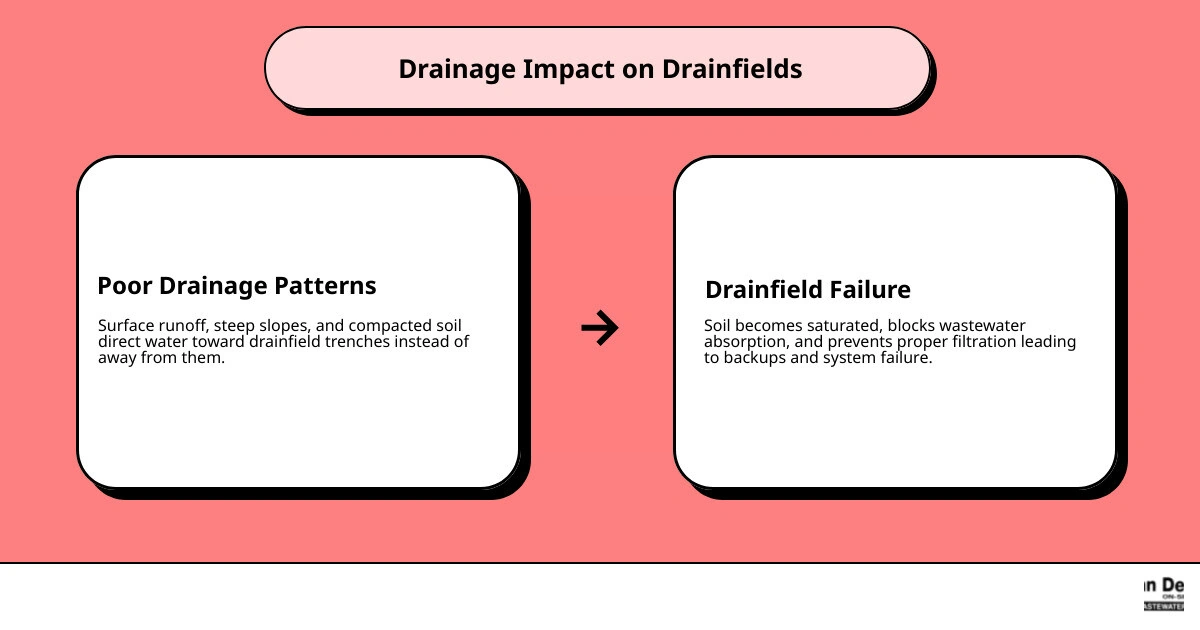 Infographic showing how drainage patterns affect septic drainfield performance through soil saturation, slope, and surface Infographic showing how drainage patterns affect septic drainfield performance through soil saturation, slope, and surface