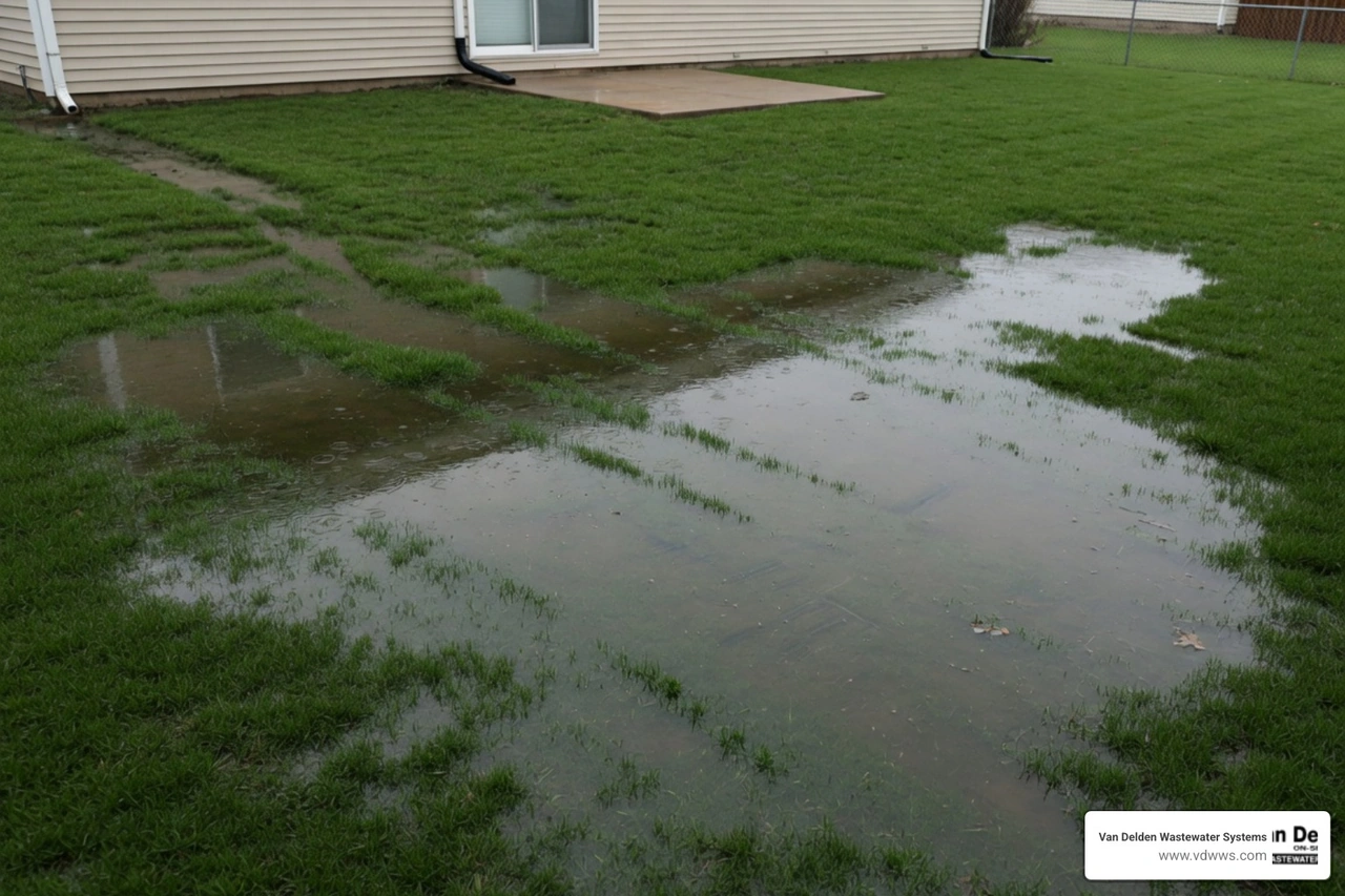 water pooling on a soggy residential lawn near a septic drainfield water pooling on a soggy residential lawn near a septic drainfield