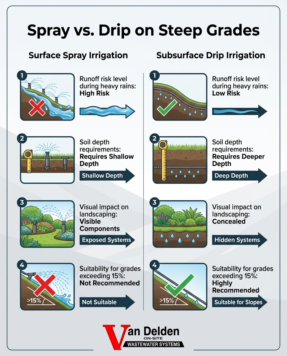 Spray vs. Drip on Steep Grades