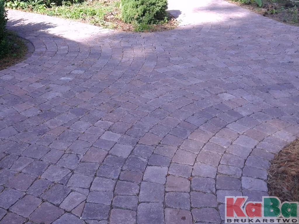 Podwójna ścieżka z kamieni brukowych w łukowym wzorze, otoczona roślinnością.