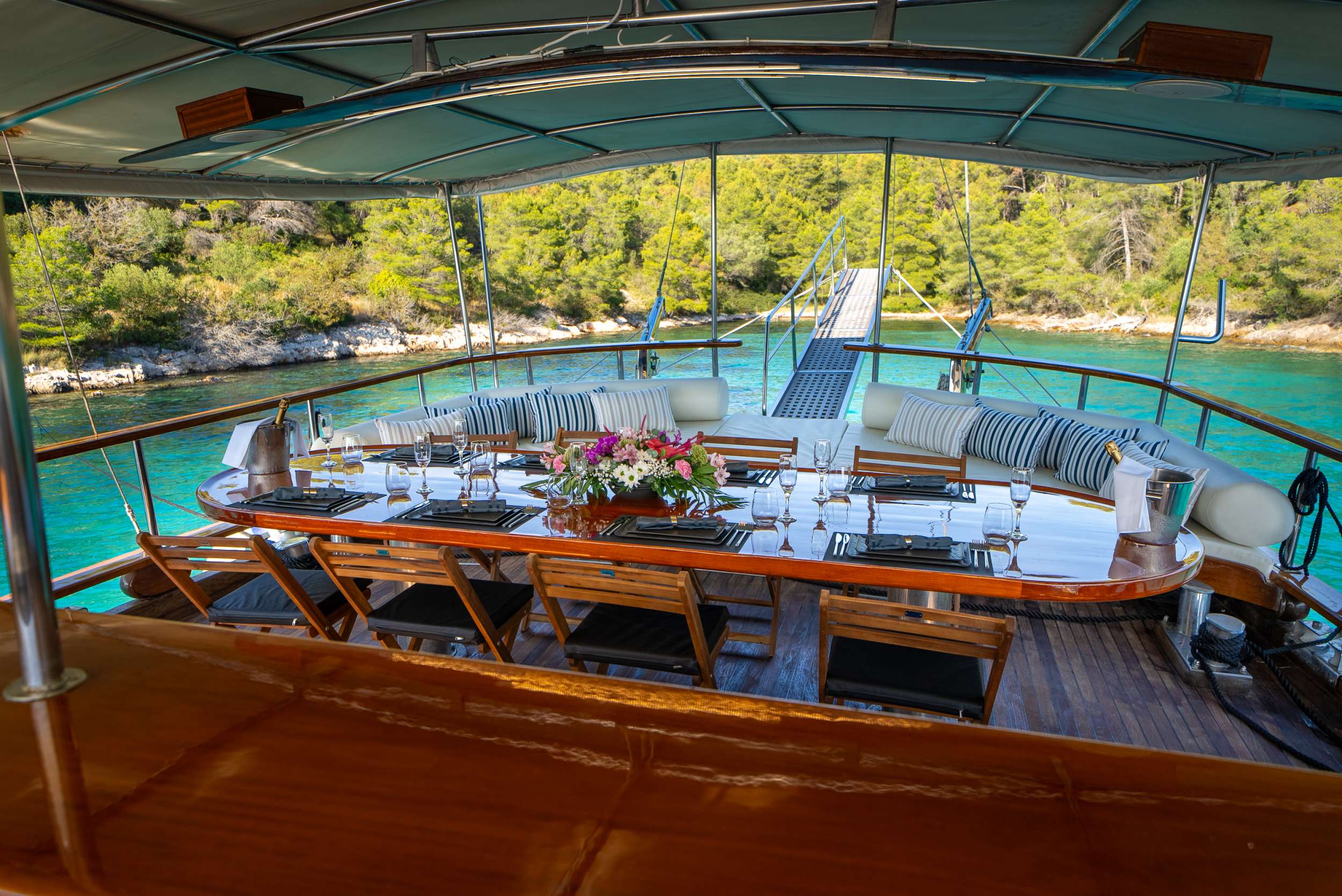 Gulet ALLURE Dining table on aft deck