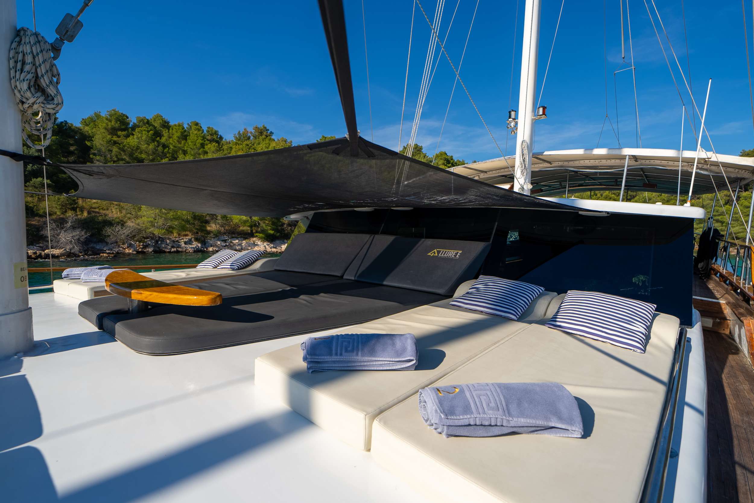 Gulet ALLURE Foredeck with sunbeds and bimini