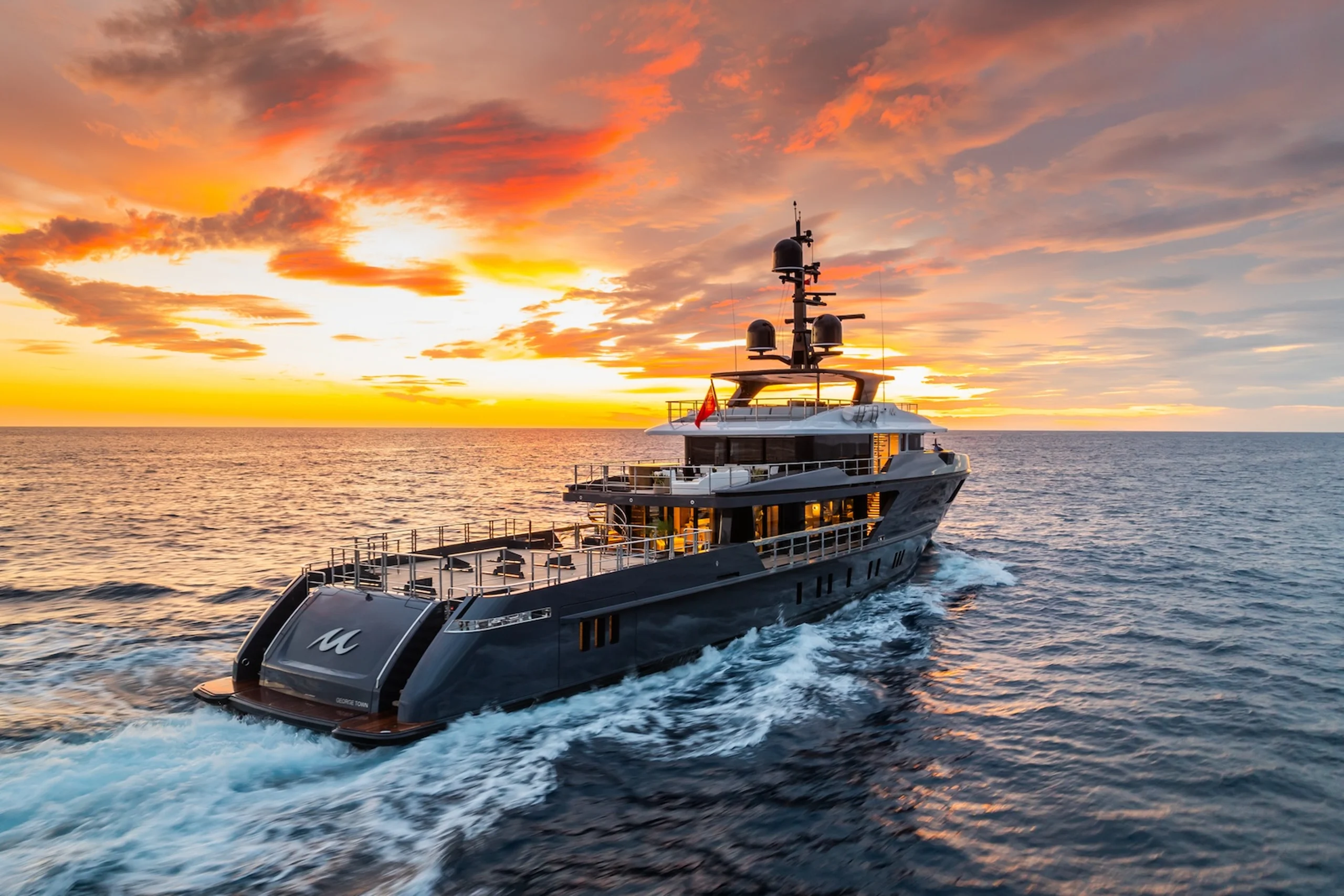Motor Yacht M - aft deck view at sunset