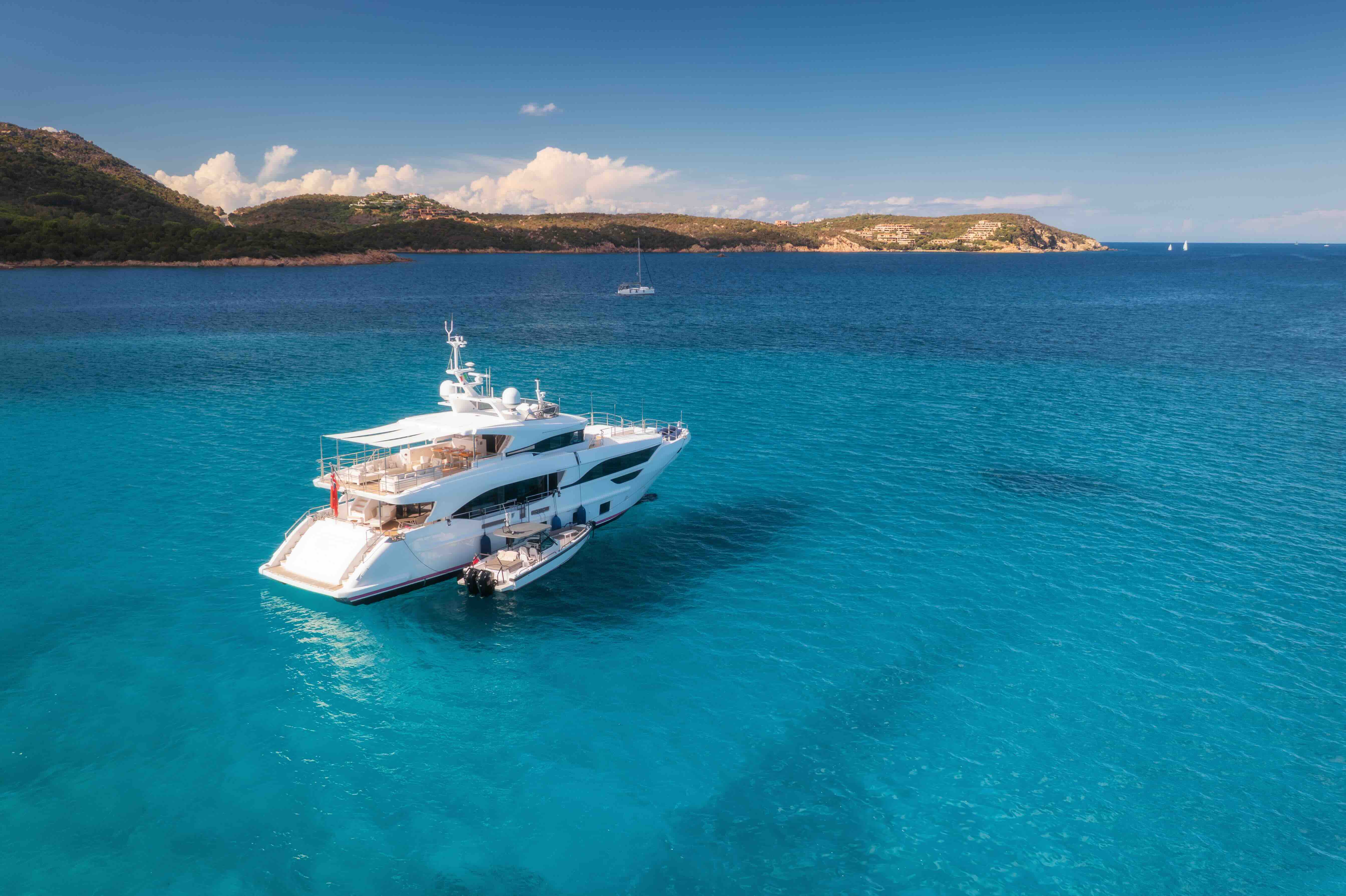 Aerial view of Motor Yacht Charter in summer. Sardinia, Italy.