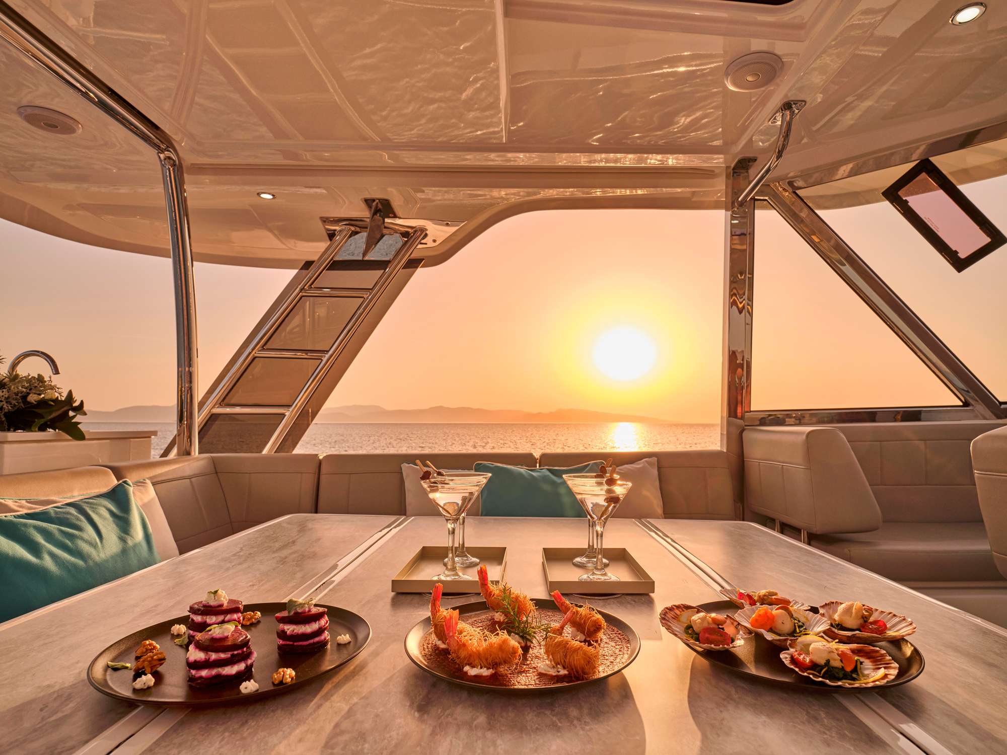 EXPLORION - Aquila 54 sunset dining on flybridge
