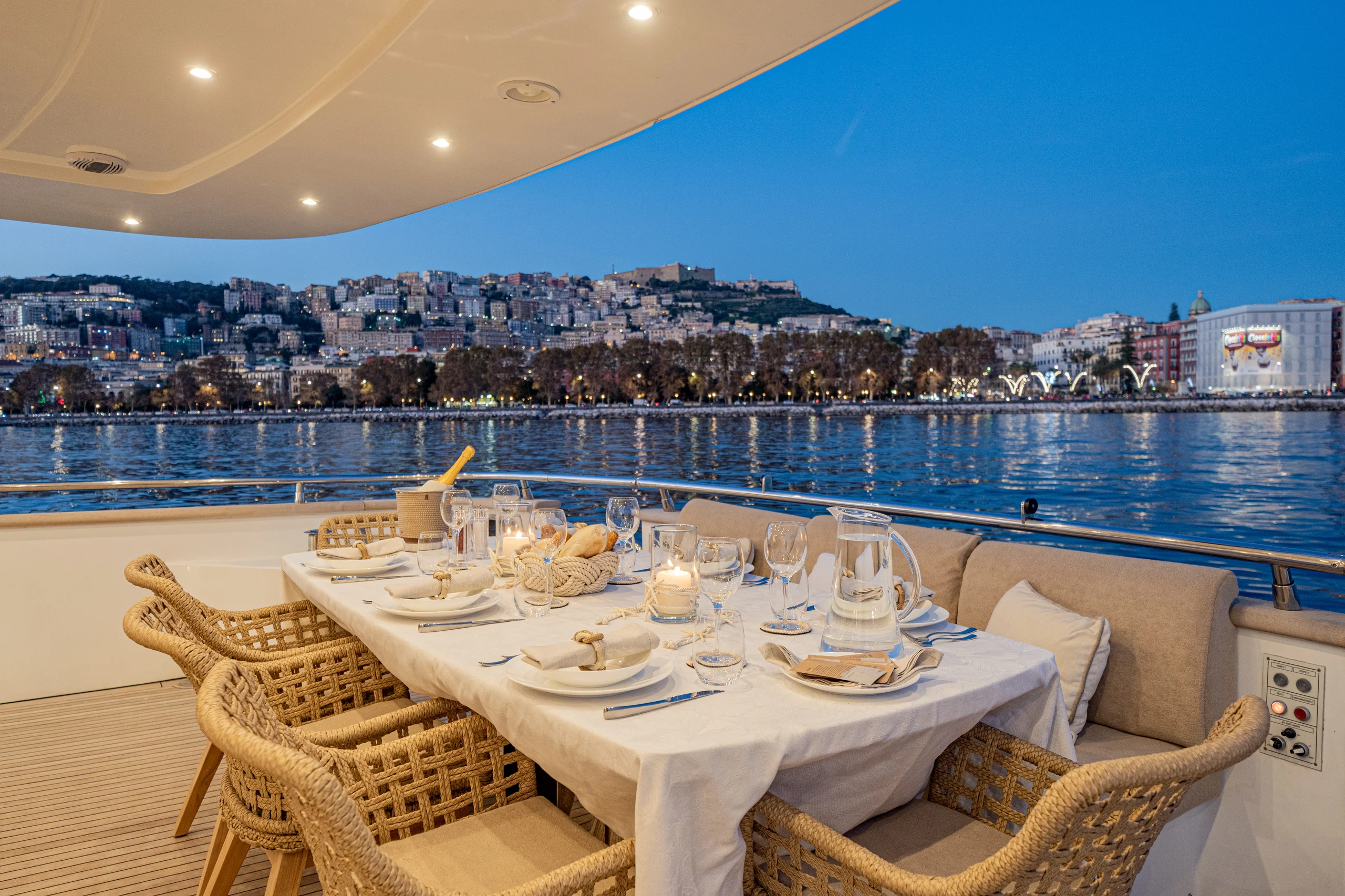 MY LIFE - Maiora 90 aft deck at sunset