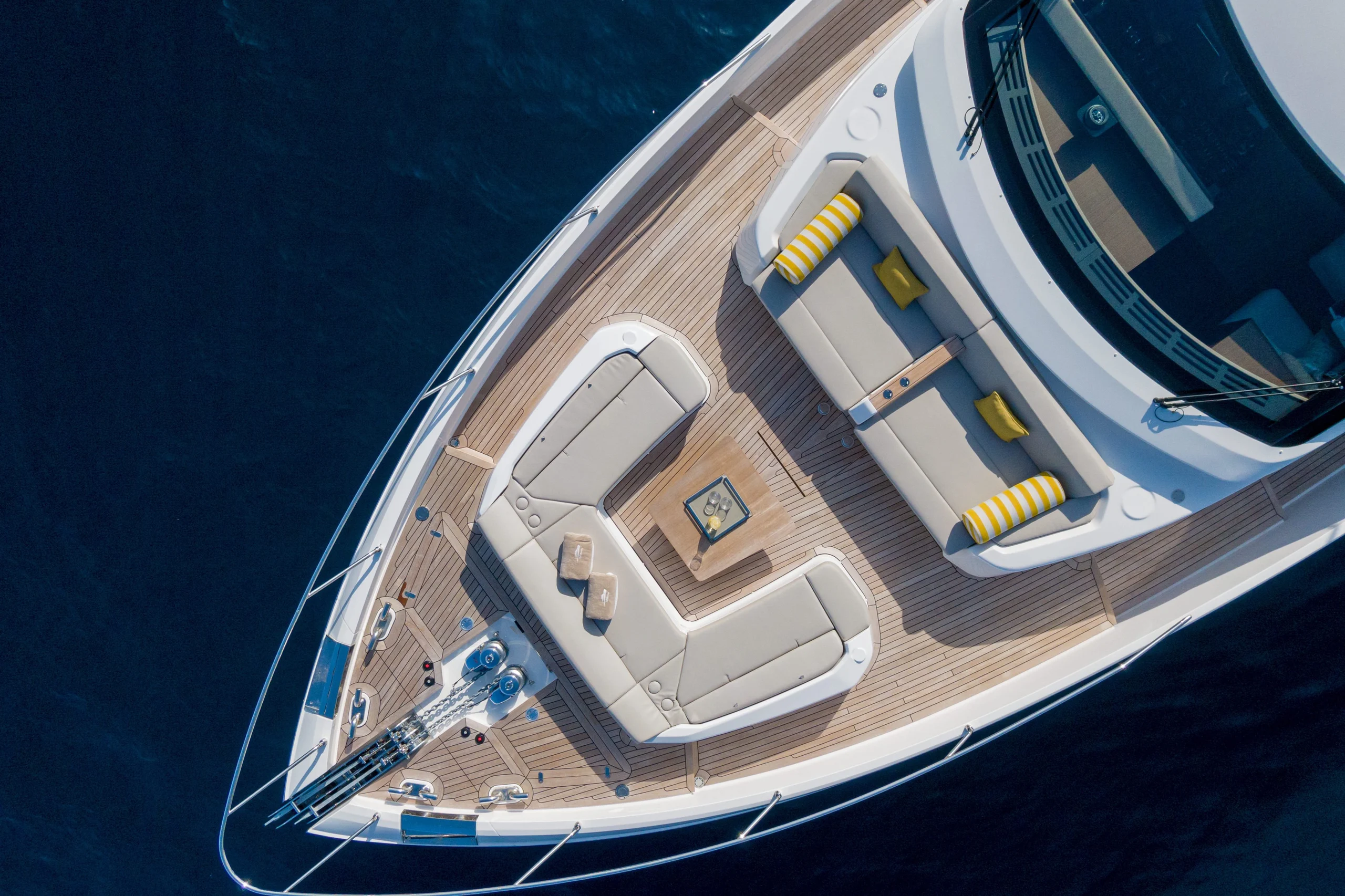 VITTORIA - 2022 Ferretti 860 Luxury Crewed Motor Yacht aerial view of foredeck