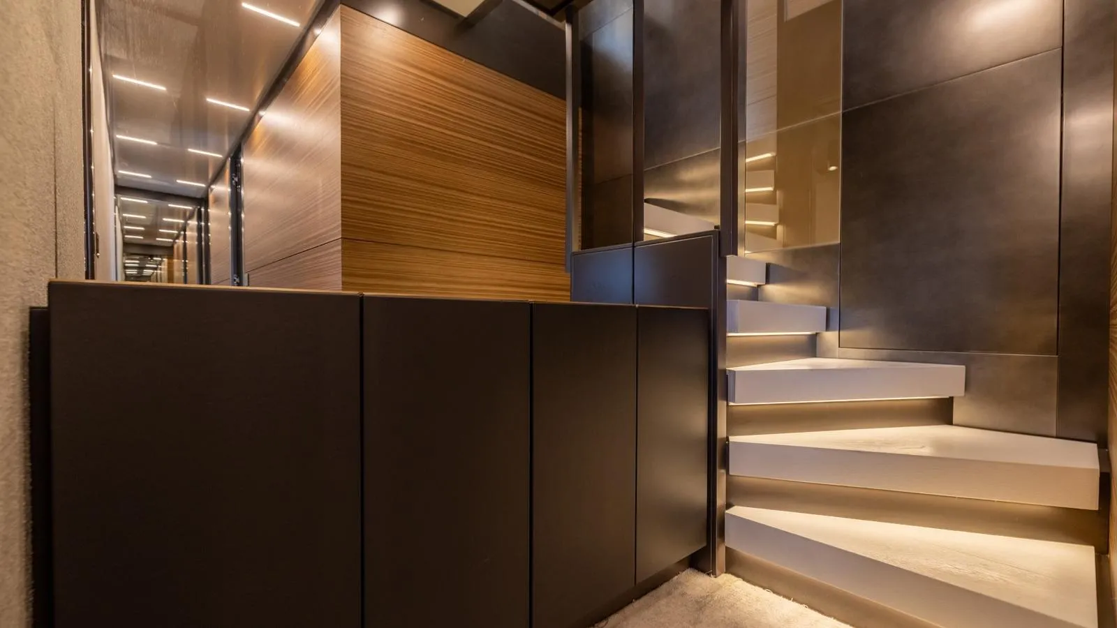 DATE NIGHT - Feretti 920 Bahamas Luxury Motor Yacht Charter stairwell
