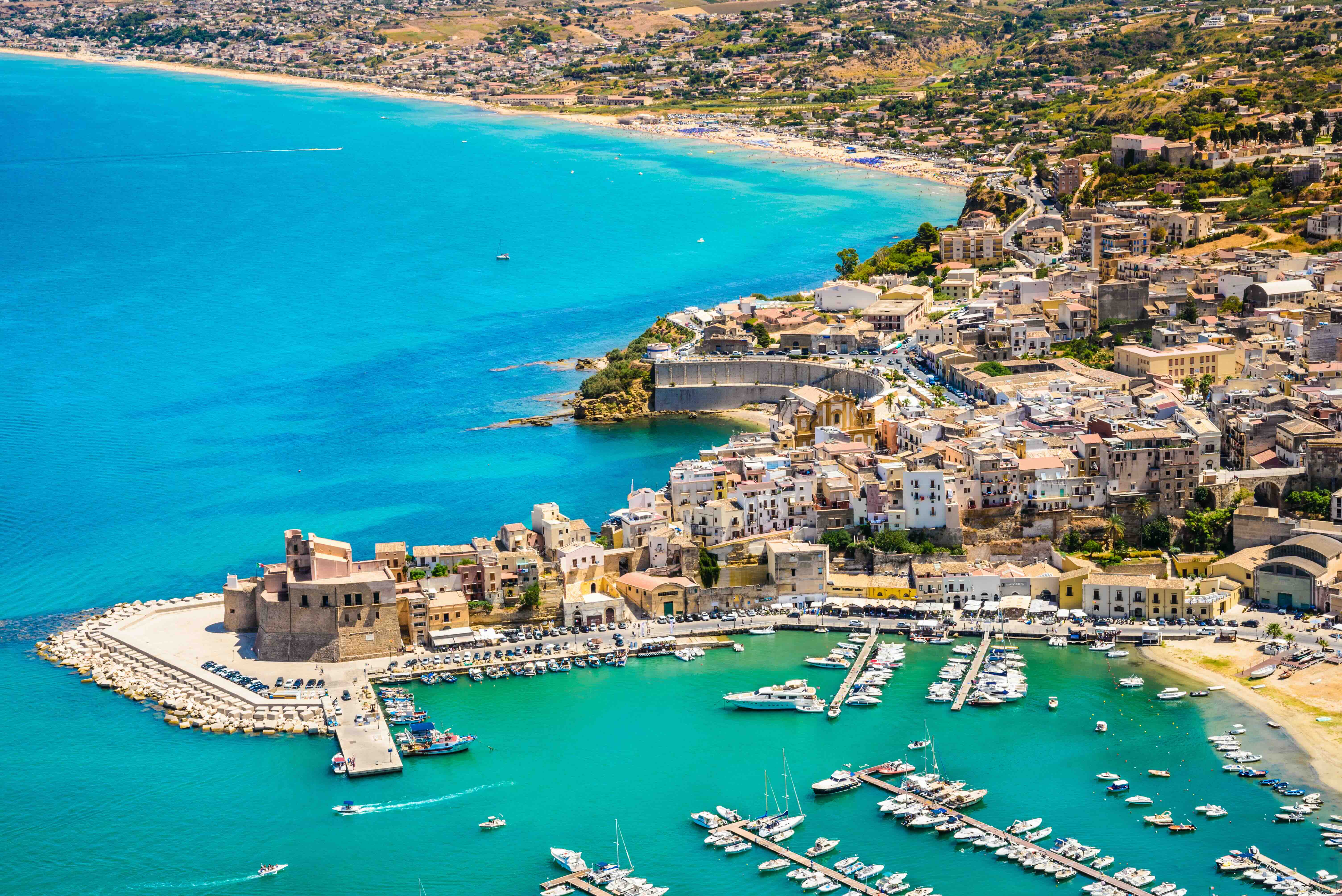 Aerial view of Castellammare del Golfo town, Trapani, Sicily.