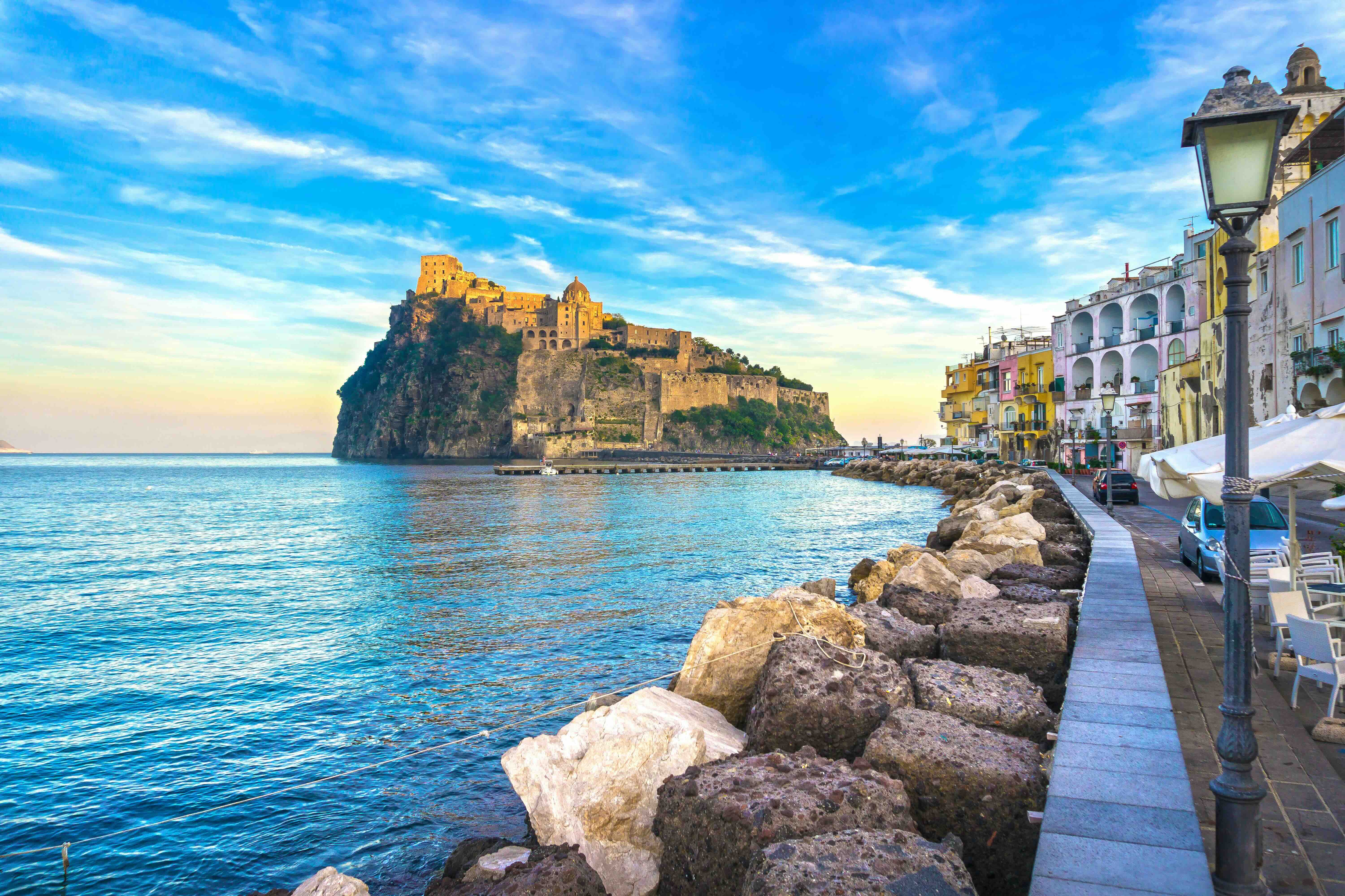 Castello Aragonese in Ischia viewed from the water during a 7 day Italy yacht itinerary.