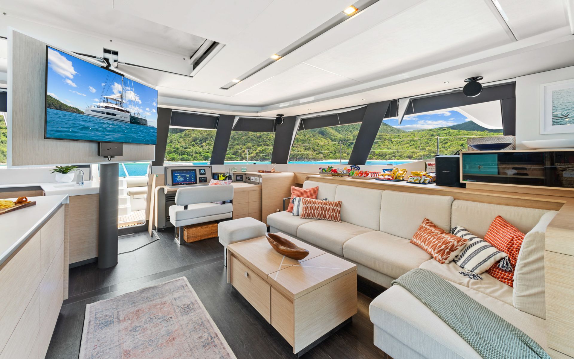 HOURGLASS - BVI Crewed Catamaran - Fountaine Pajot Samana 59 main saloon lounge area