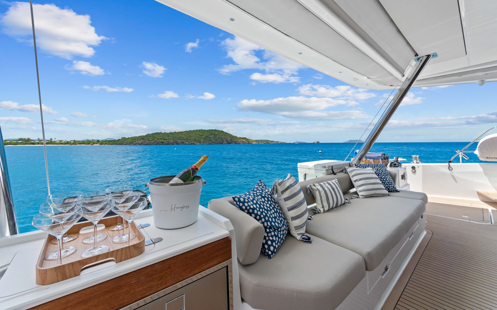 HOURGLASS - BVI Crewed Catamaran - Fountaine Pajot Samana 59 aft deck view