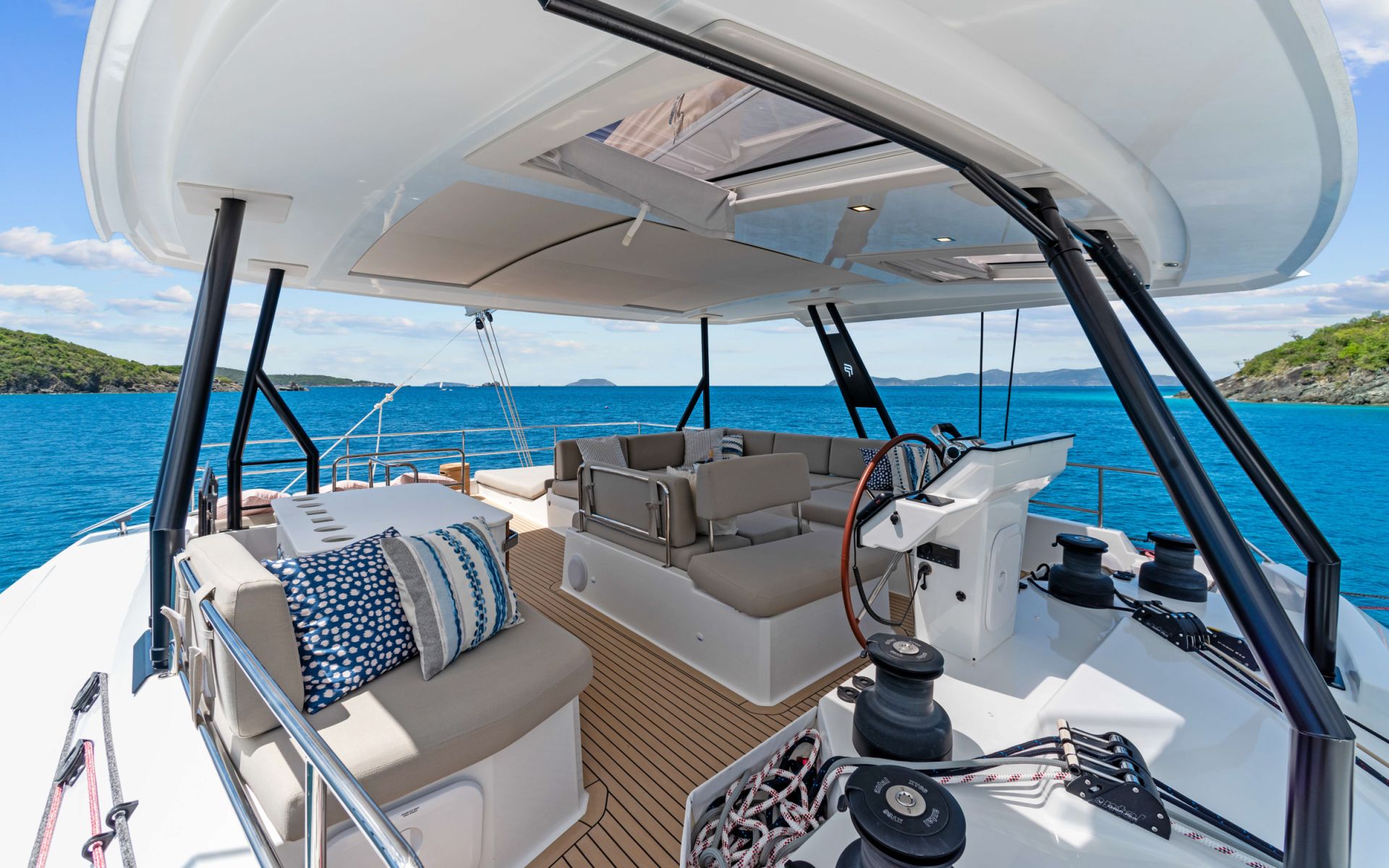 HOURGLASS - BVI Crewed Catamaran - Fountaine Pajot Samana 59 flybridge lounge area