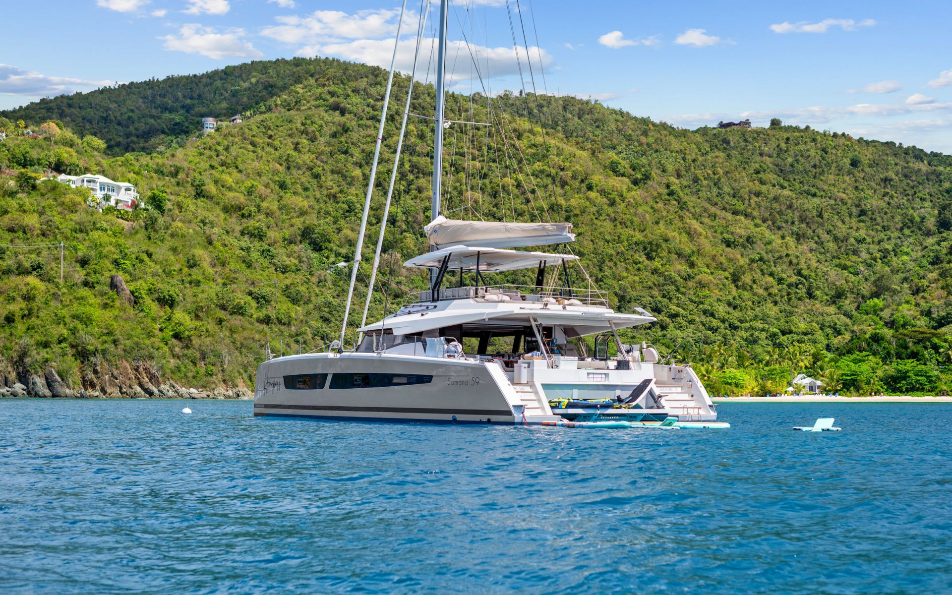 HOURGLASS - BVI Crewed Catamaran - Fountaine Pajot Samana 59 aft view