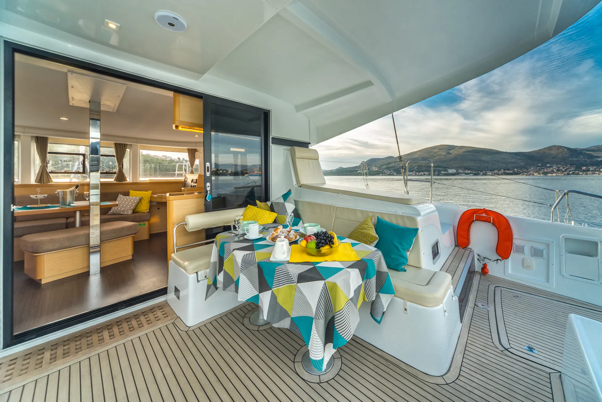 Croatia Bareboat Catamaran Lagoon 42 AVENTUS Aft Deck dining