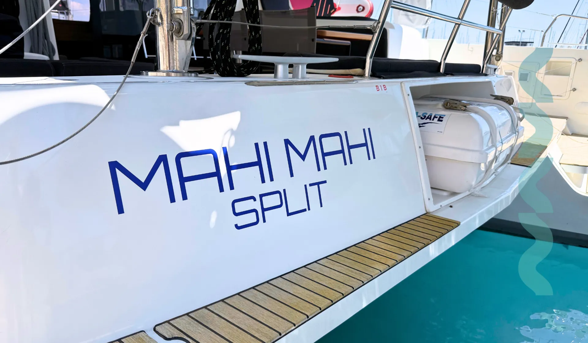 Croatia Bareboat Catamaran MAHI MAHI aft logo
