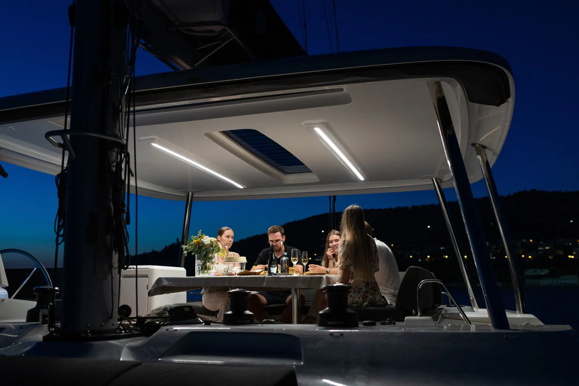 Croatia Crewed Catamaran ARTISAN - 2025 Lagoon 55 flybridge at night