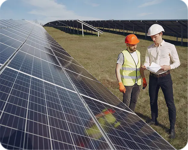 Two engineers surveying solar panel installation