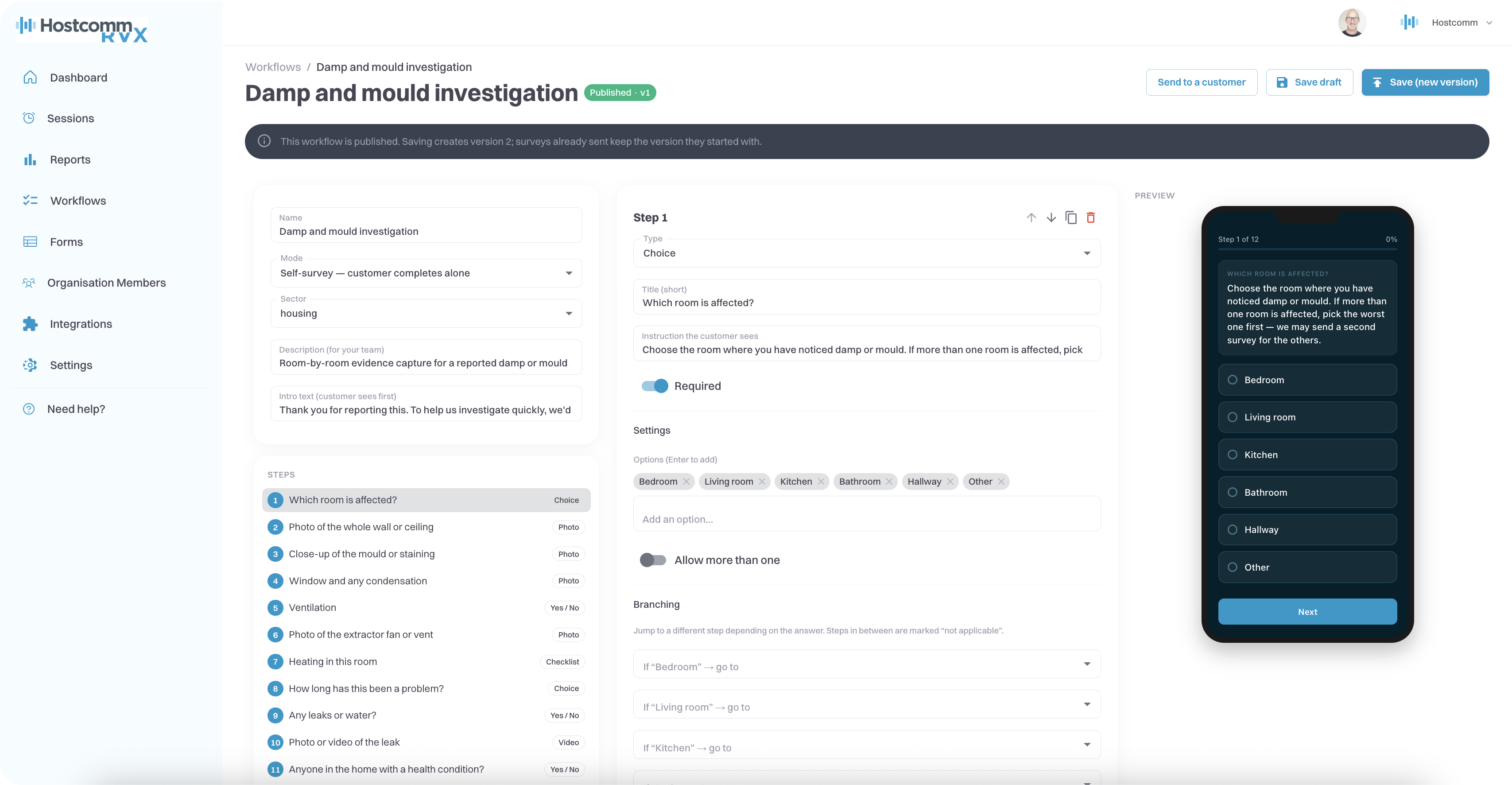 Hostcomm RVX workflow builder showing a 12-step damp and mould self-survey with branching rules and a live phone preview