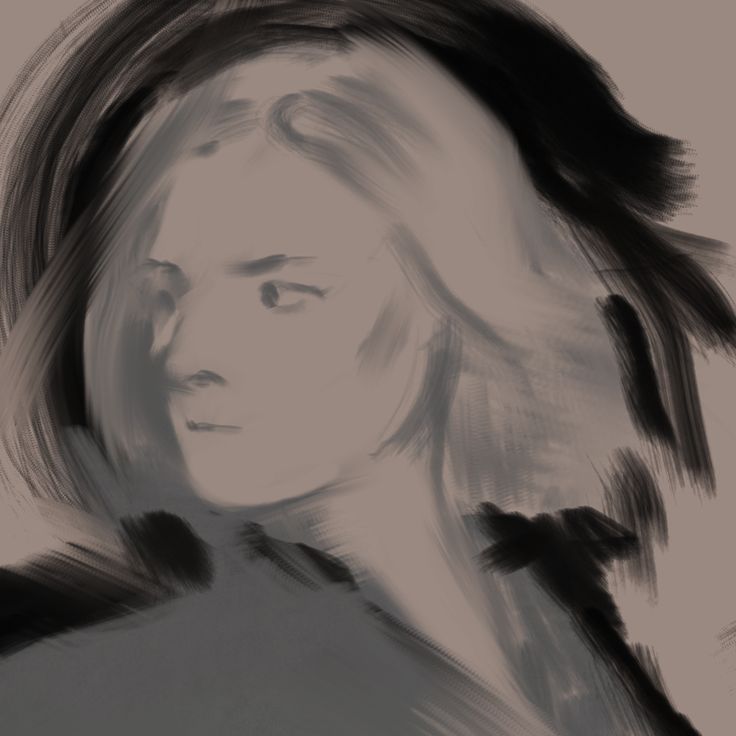 Digital sketch of a woman's face in profile with flowing hair on a muted background.
