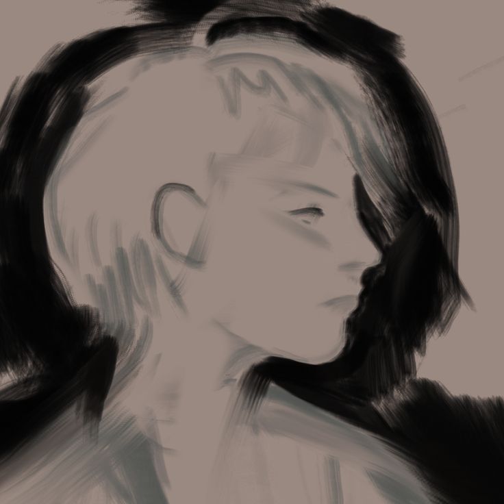 Digital sketch of a person with short hair facing right in grayscale with a dark shadow background.