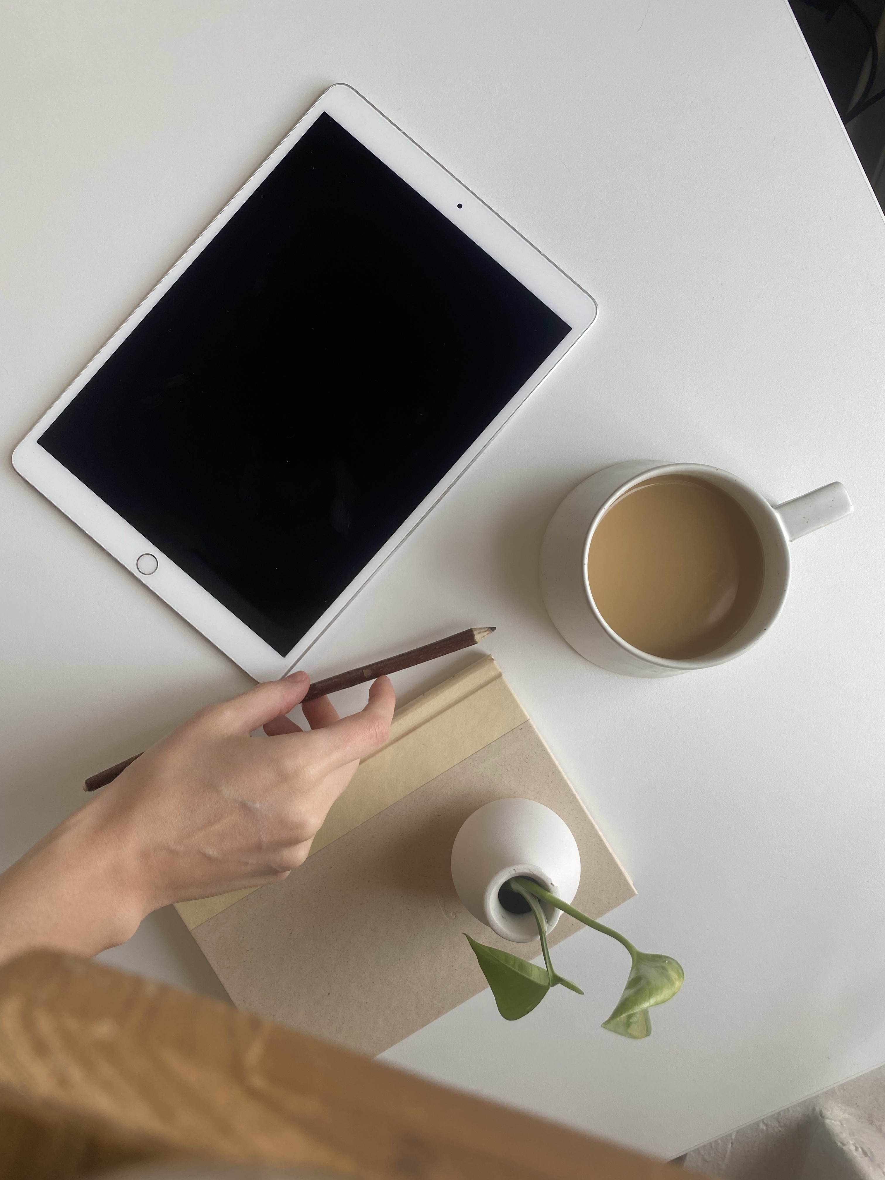 Hand holding a pencil over a closed notebook near a tablet, coffee cup, and small plant on a white table.