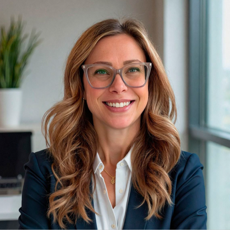 Smiling businesswoman with long wavy hair and glasses in a modern office setting.