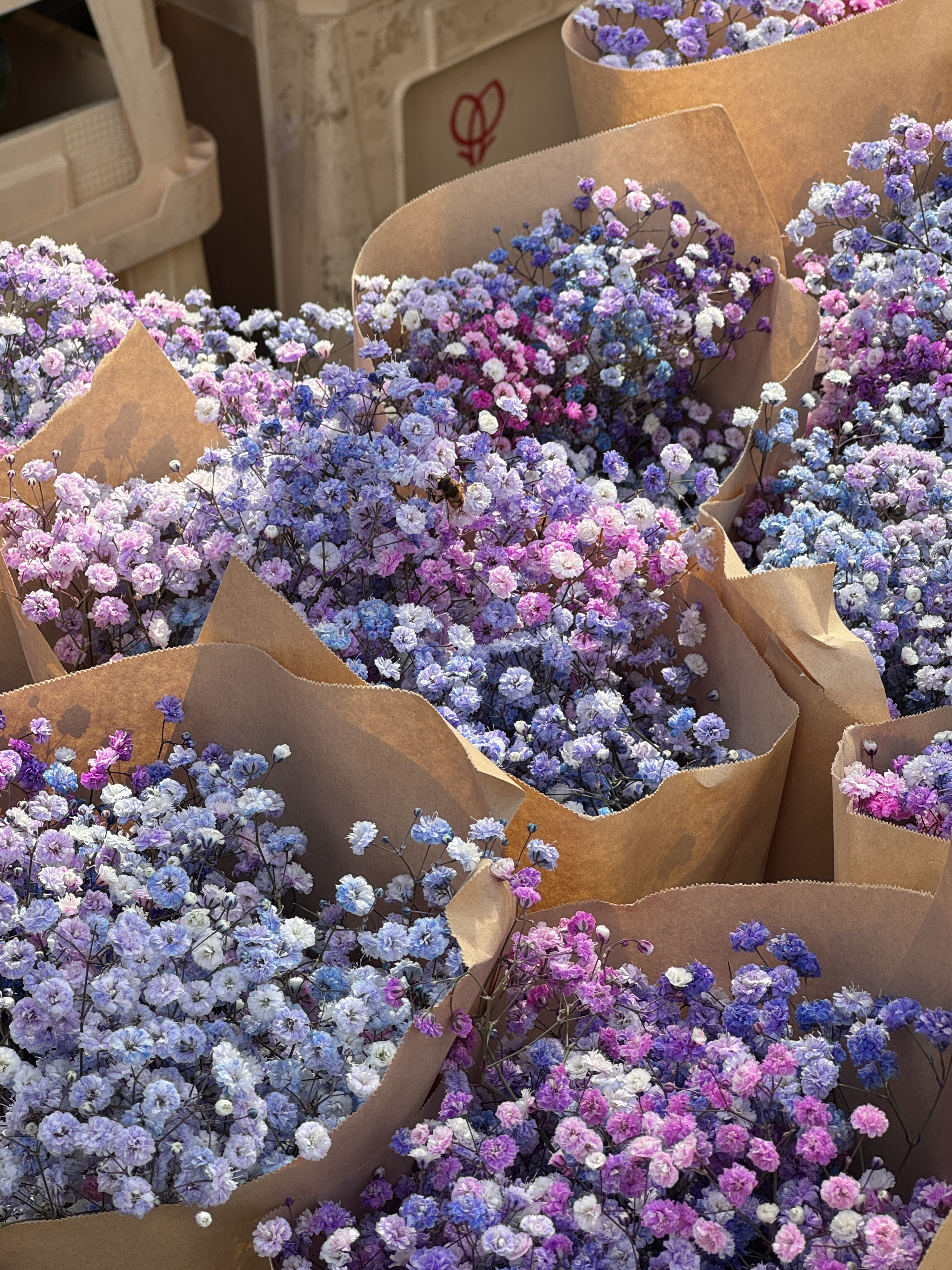 Several bouquets of small pastel-colored flowers wrapped in brown paper, with a bee on one bouquet.
