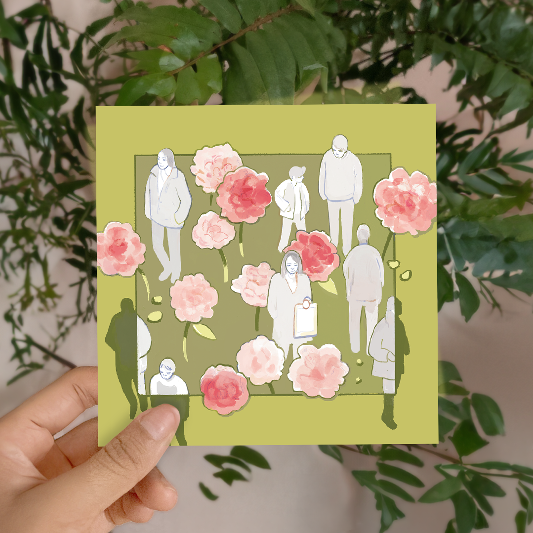 Illustration of people walking among large pink flowers on a green square background.