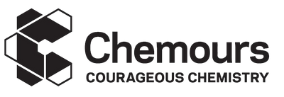 Chemours logo with text Courage of Chemistry in black on white background.